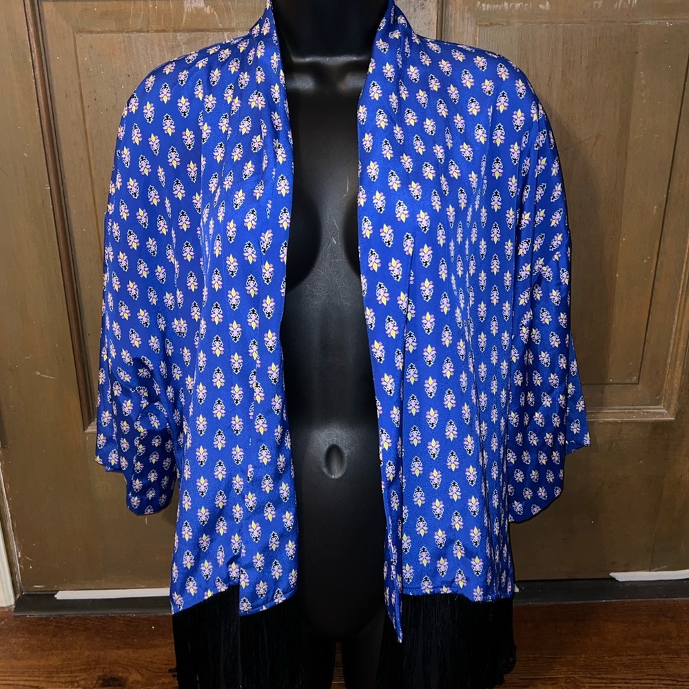 Olsenboye Blue Boho Open Front Black Fringe Y2K Hippie Draped Cardigan Size XS - Picture 3 of 10